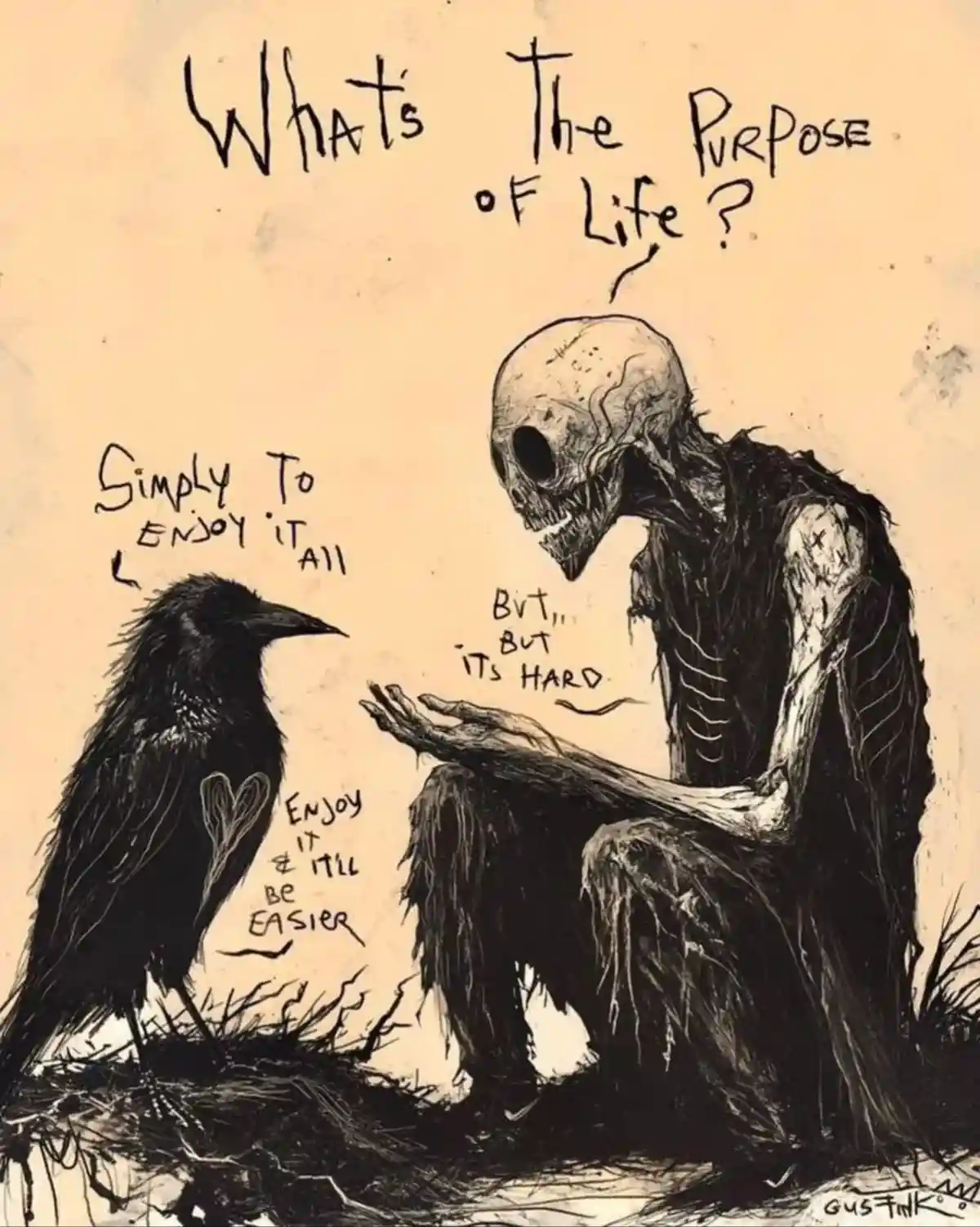 A hand-drawn illustration shows a skeletal figure sitting and asking a crow, 'What's The Purpose of Life?' The crow replies…