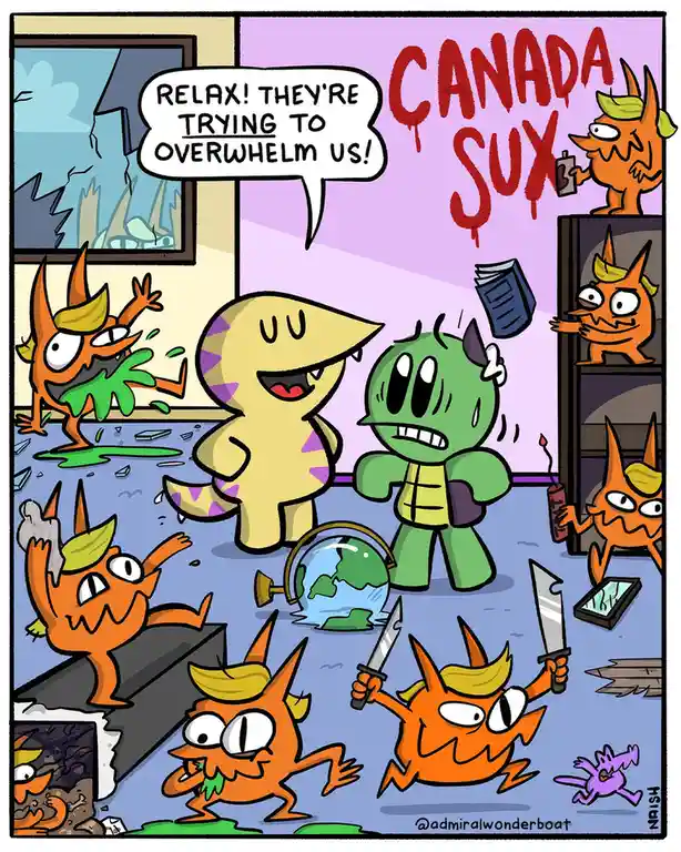 A chaotic cartoon scene shows multiple orange, horned, yellow-haired monsters attacking a room, breaking windows and…