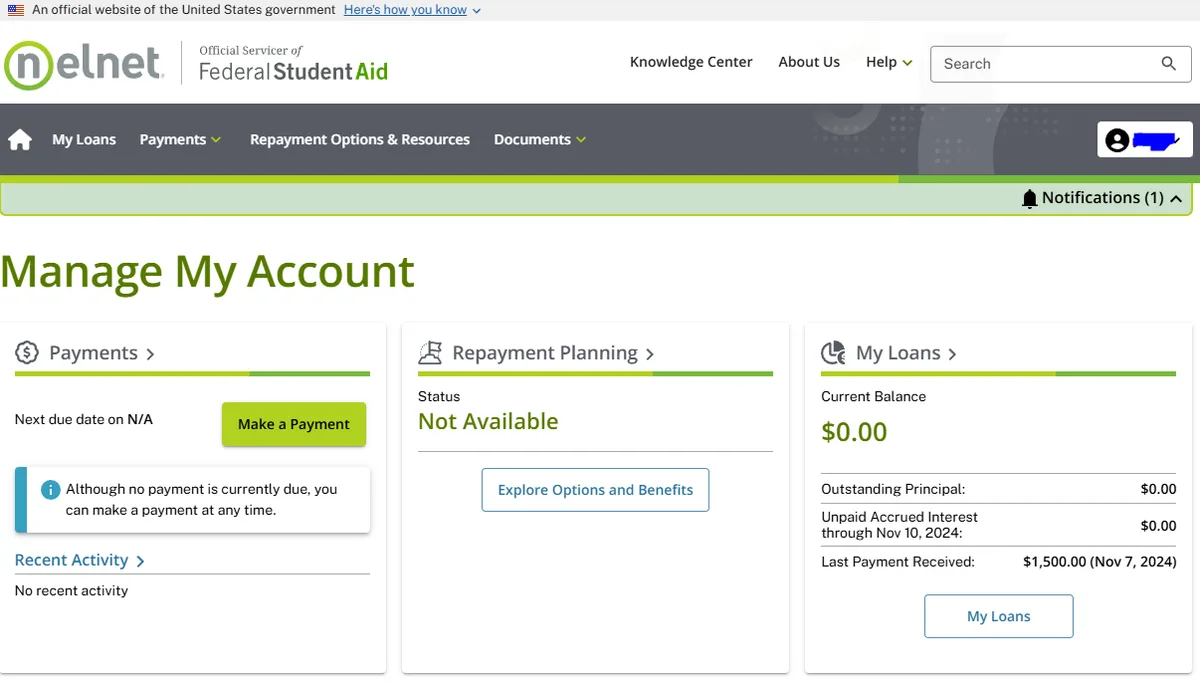A screenshot of the Nelnet Federal Student Aid website showing a 'Manage My Account' page where the 'My Loans' section…
