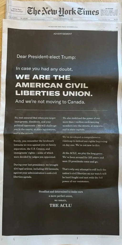A newspaper advertisement from The New York Times dated November 8, 2024, features a black-and-white ad from the ACLU…