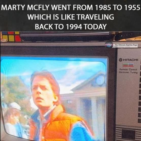 An old Hitachi CRT television displays a scene from the movie 'Back to the Future' featuring Marty McFly in his orange and…