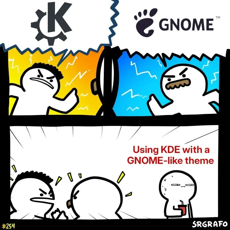 Two cartoon characters, one with a KDE logo above and one with a GNOME logo above, are angrily shouting at each other across…