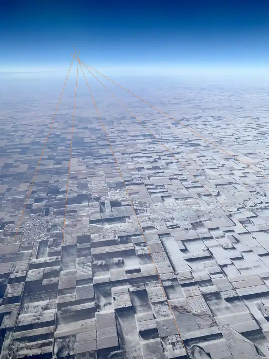 An aerial view of a patchwork landscape of farmland under a clear blue sky, with four orange lines radiating from a point…