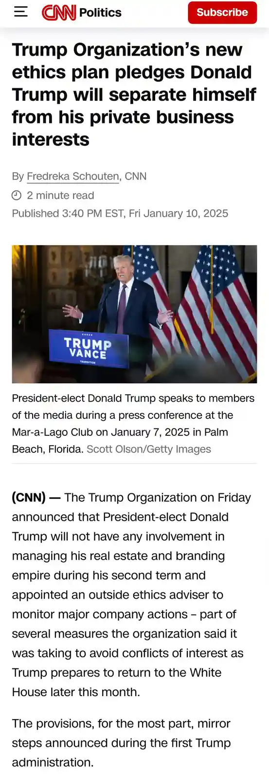 A screenshot of a CNN Politics article from January 10, 2025, featuring a photo of Donald Trump speaking at a podium with…
