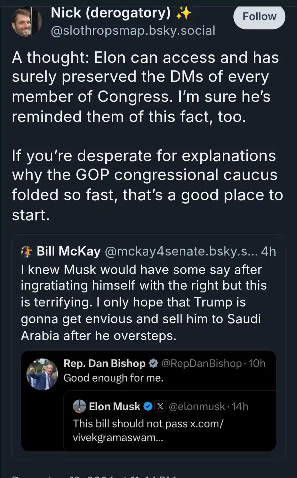A screenshot of a social media thread shows a user named Nick (derogatory) speculating that Elon Musk has access to all…