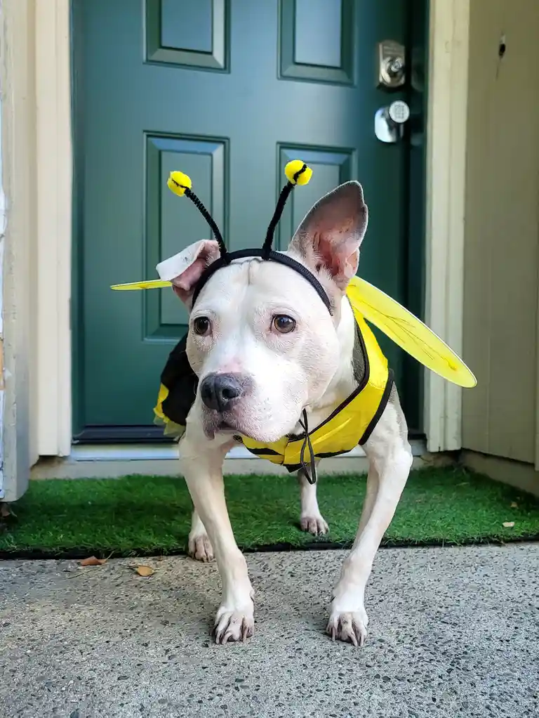 A white dog wearing a yellow and black bee costume with antennae and wings stands on a porch in front of a green door. The…