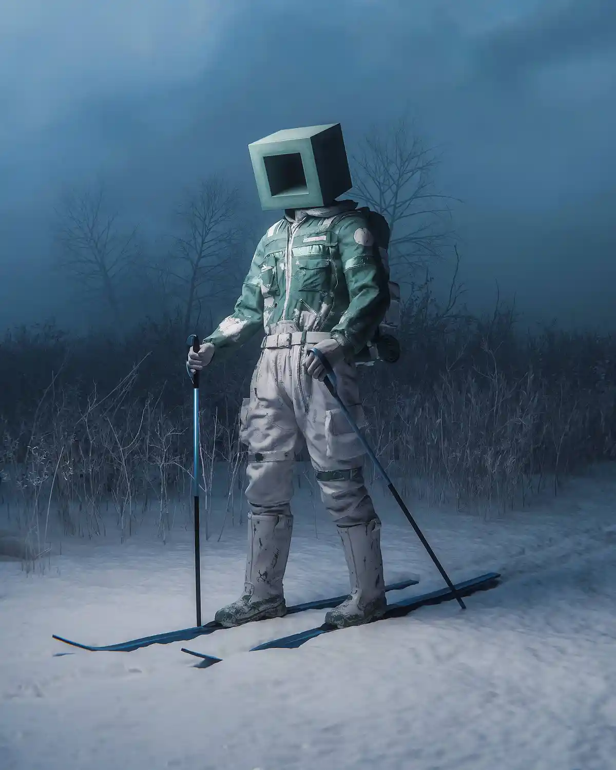 A person wearing a green and white winter ski outfit with skis and poles stands in a snowy, foggy landscape with bare trees…