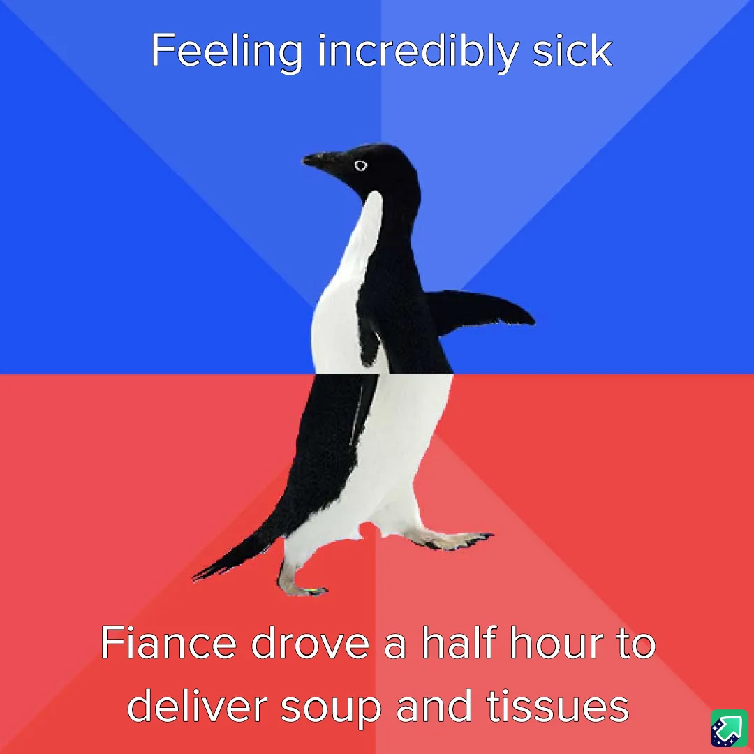 A penguin is split across a blue and red background, with text above reading 'Feeling incredibly sick' and below reading…