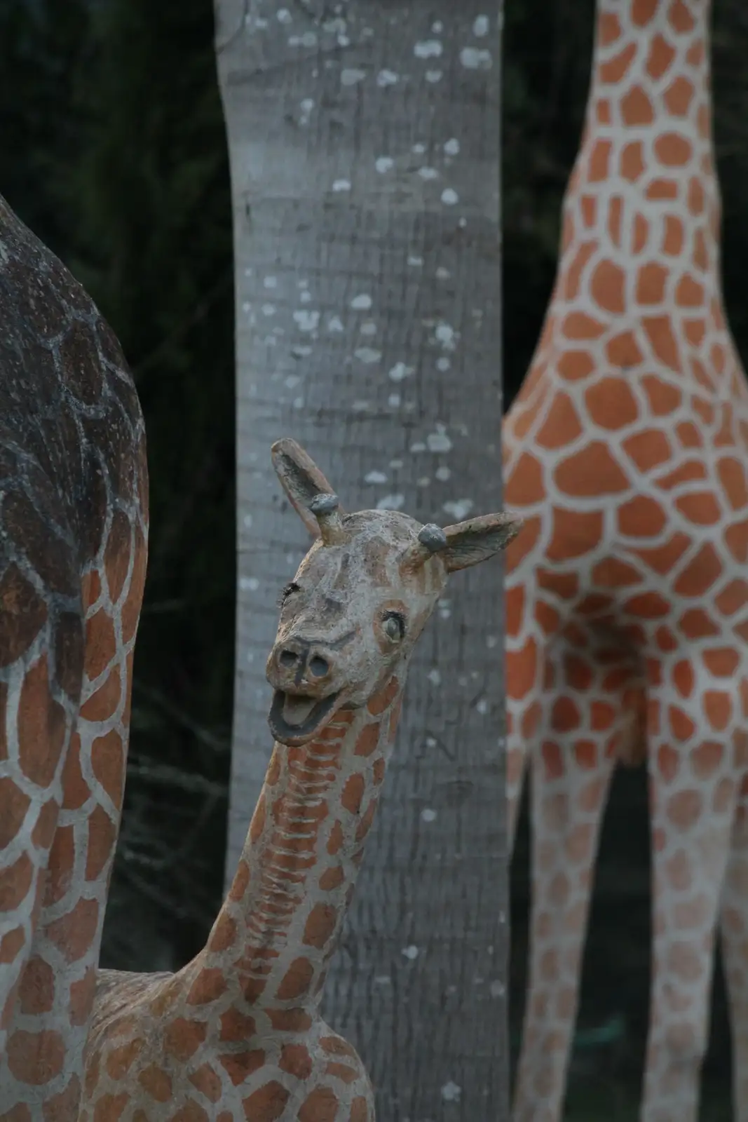 A weathered, painted giraffe statue with a wide-open mouth and surprised expression peeks out from behind a tree trunk…