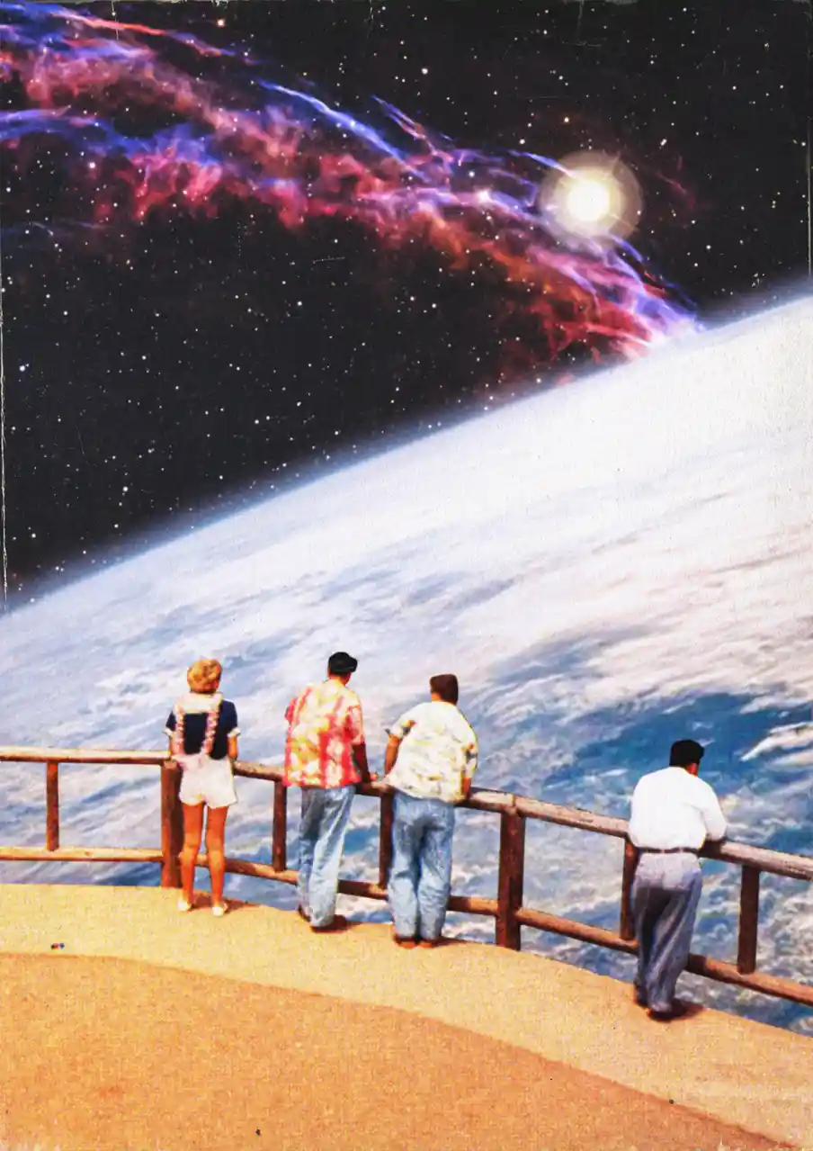 Four people stand on a wooden pier railing, looking out at a surreal view of Earth curving beneath them and a vibrant nebula…