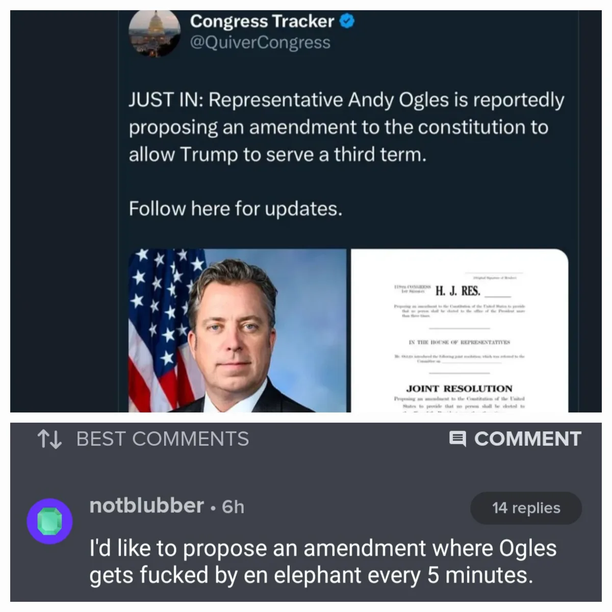 A screenshot of a Twitter post from 'Congress Tracker' reporting that Representative Andy Ogles is proposing a…