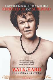 A shirtless John C. Reilly with a beaded necklace stares at the camera, overlaid with promotional text for the movie 'Walk…