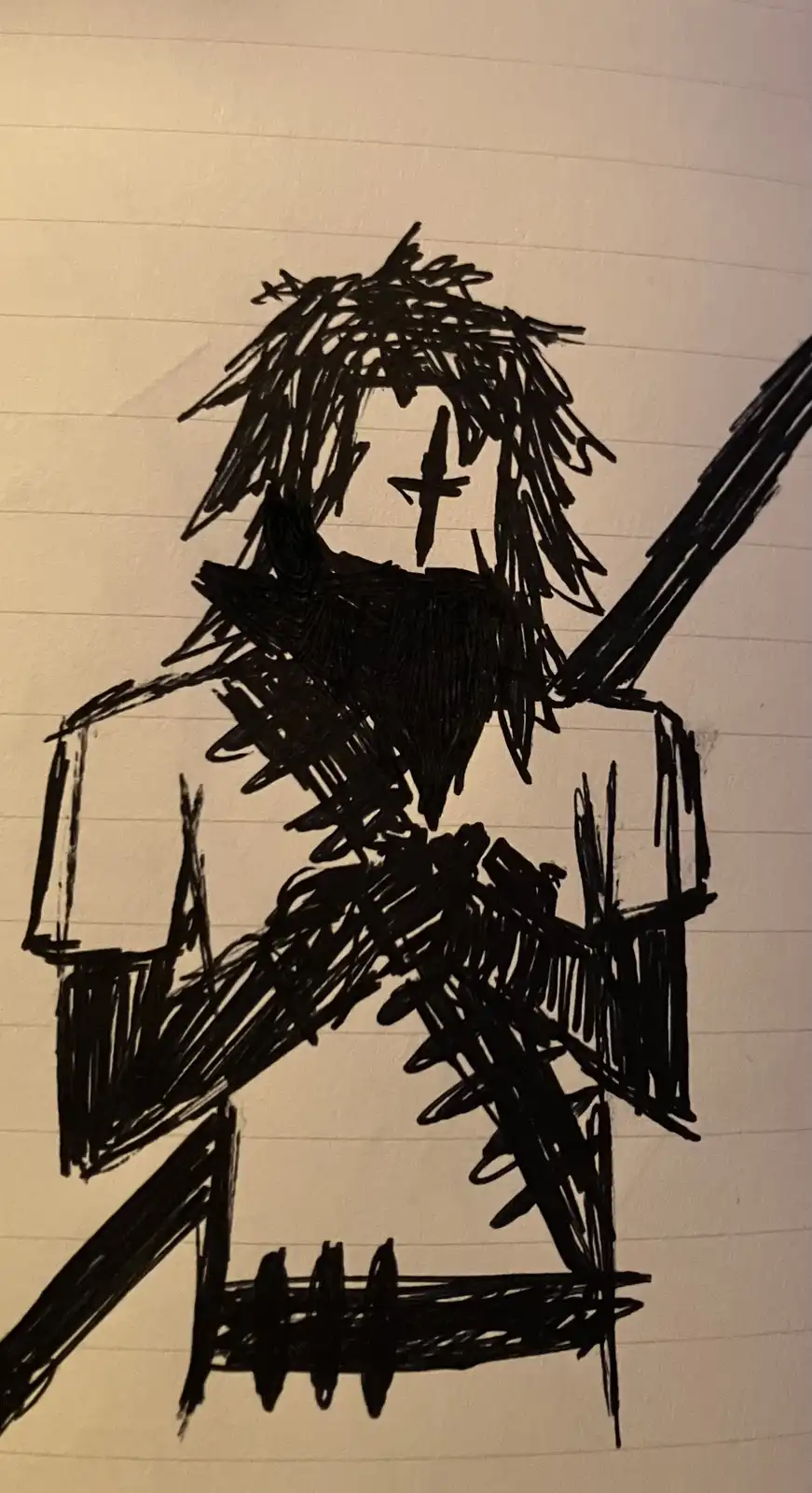 A crude black ink drawing on lined paper depicts a stylized, spiky-haired figure with a cross-shaped mouth, holding a long…