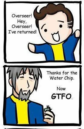 A two-panel comic strip featuring a cheerful young man in a blue and yellow outfit exclaiming his return to an overseer. In…
