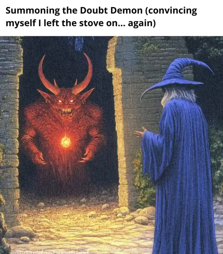 A wizard in a blue robe and hat stands facing a red, horned demon with glowing eyes and a bright core, emerging from a stone…