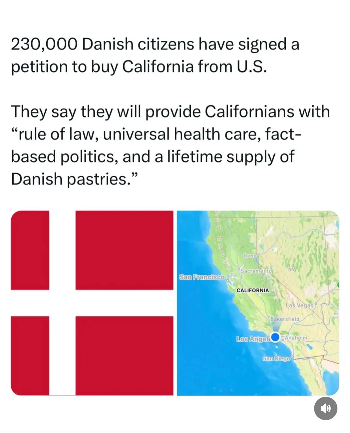 The image displays two side-by-side visuals: the Danish flag on the left and a map of California on the right. Overlaid text…