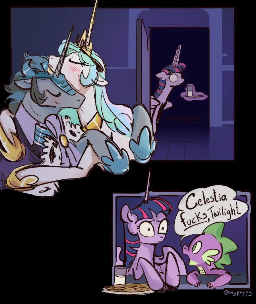 A two-panel comic featuring My Little Pony characters. Top panel: A large, regal unicorn (Celestia) sleeps soundly in bed…