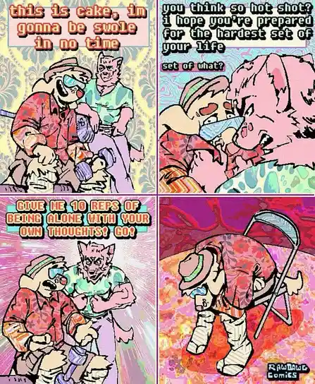 A four-panel comic strip featuring two anthropomorphic animal characters. In the first panel, a confident pink cat-like…