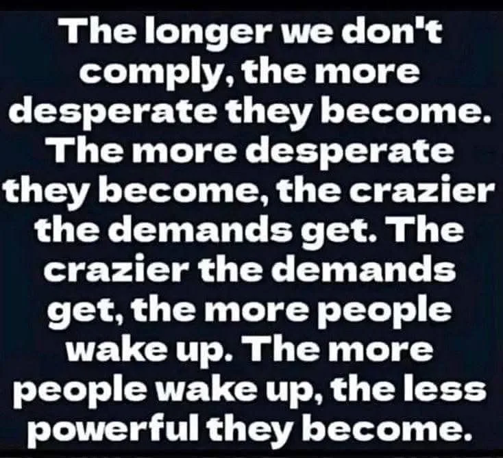 A dark background with large white text that reads a chain of cause-and-effect statements: 'The longer we don't comply, the…