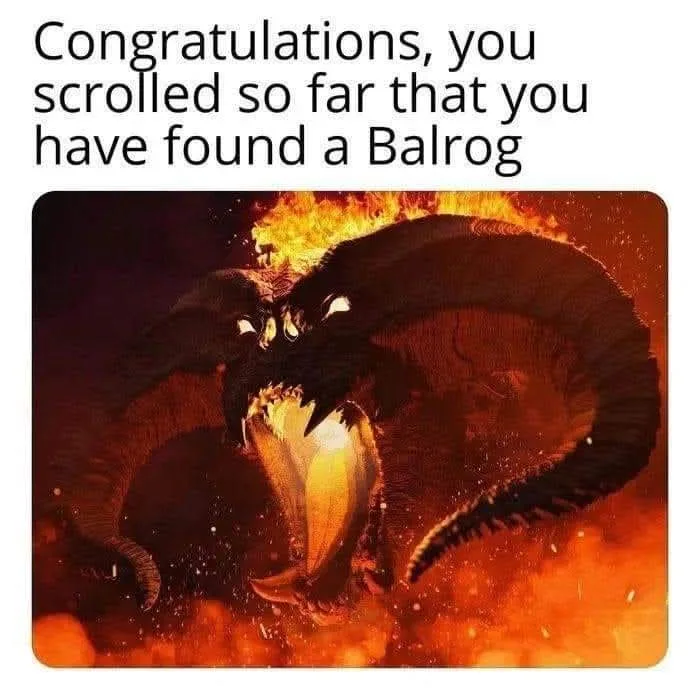 The image shows a menacing, fiery Balrog from Middle-earth, with glowing eyes, large curved horns, and a massive, open mouth…