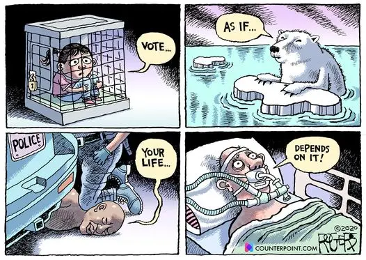 A four-panel comic strip shows a person in a cage saying 'VOTE...', a polar bear on melting ice saying 'AS IF...', a police…
