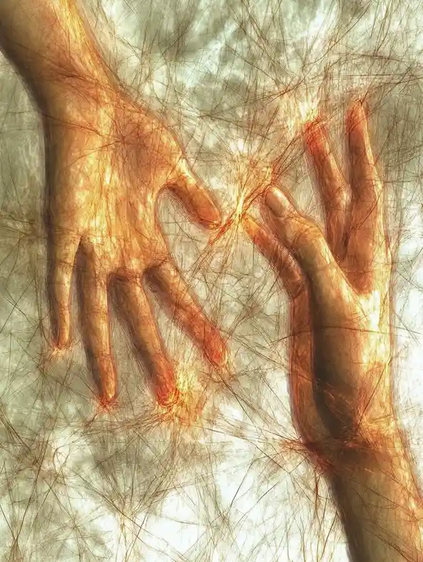 Two hands are reaching toward each other through a web of glowing orange lines, with bright light emanating where their…
