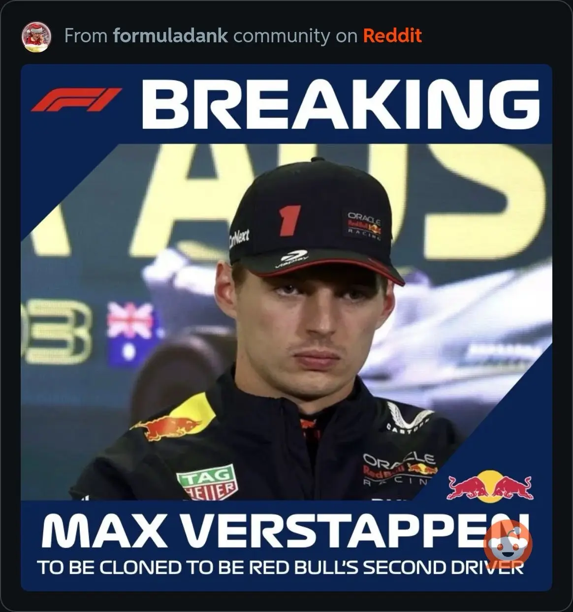 A still image of Formula 1 driver Max Verstappen wearing a Red Bull Racing cap and jacket, with a serious expression. The…