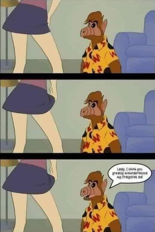 Three-panel cartoon showing a pig character in a yellow shirt sitting on the floor as a woman in a skirt walks past him. In…