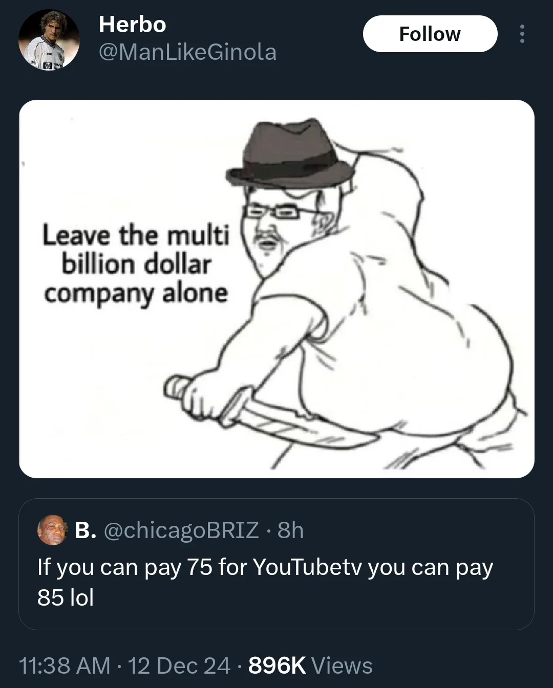 A black-and-white cartoon depicts a man in a fedora and glasses, crouching and holding a large knife, with the text 'Leave…