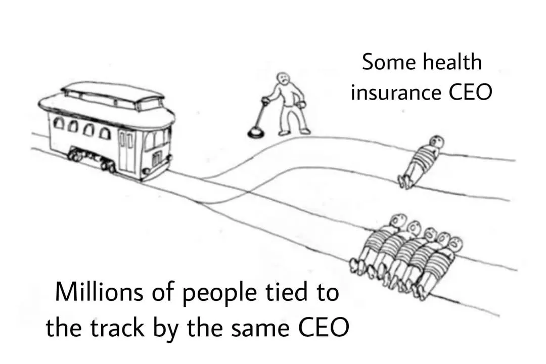 A black-and-white cartoon depicts a trolley on a track approaching a fork. At the fork, a person labeled 'Some health…