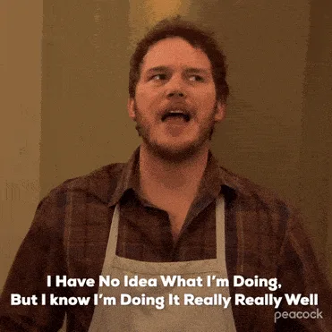 Six panels show actor Chris Pratt in a plaid shirt and white apron, displaying a progression of facial expressions from…