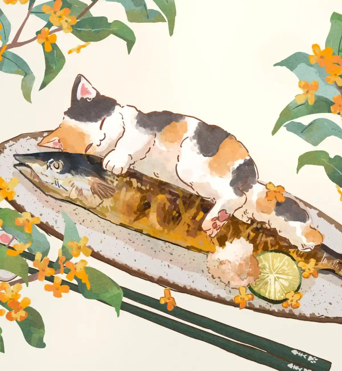 A watercolor illustration shows a calico cat sleeping peacefully on top of a grilled fish served on a plate, surrounded by…