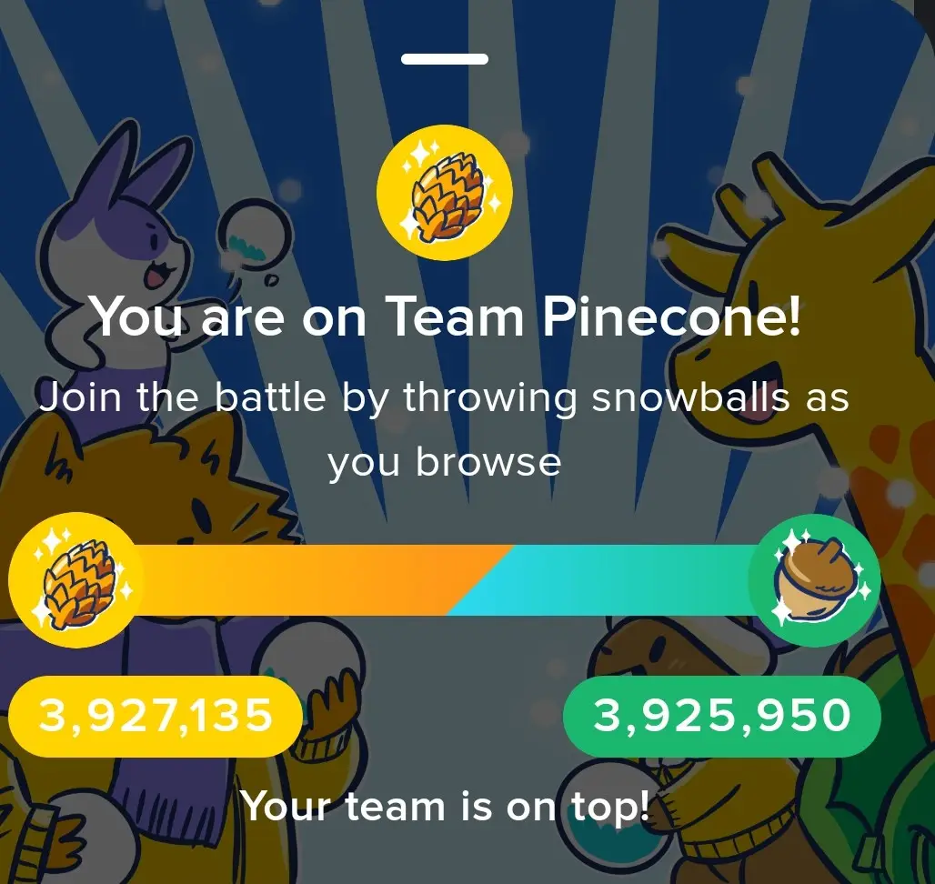 A screenshot of a mobile game interface showing a team battle between 'Team Pinecone' and 'Team Acorn'. The pinecone team…