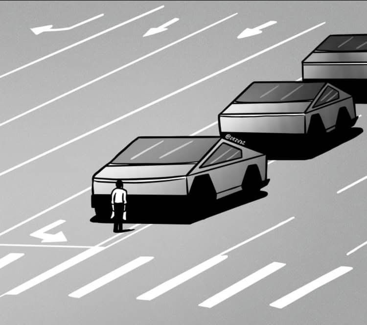 A black-and-white cartoon depicts a lone person standing in the middle of a multi-lane road, facing a line of identical…
