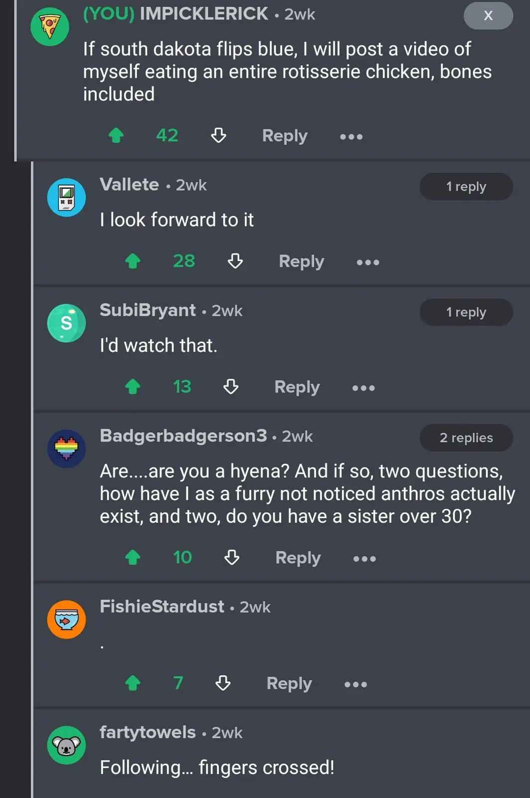 A Reddit comment thread shows user 'IMPICKLERICK' posting a bet that if South Dakota flips blue in an election, they'll post…