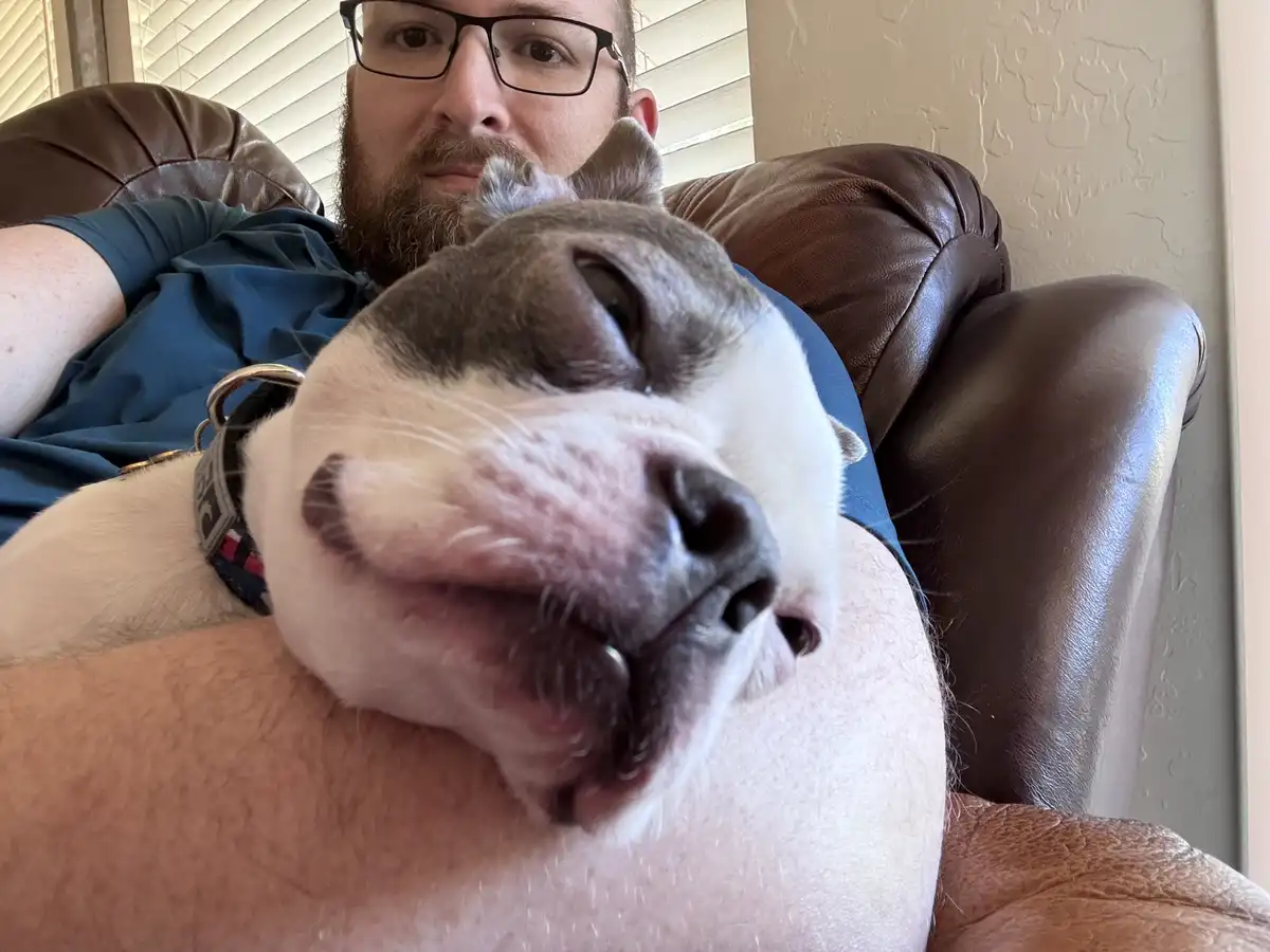 A man with glasses and a beard sits in a brown leather armchair, looking at the camera while a grey and white dog rests its…