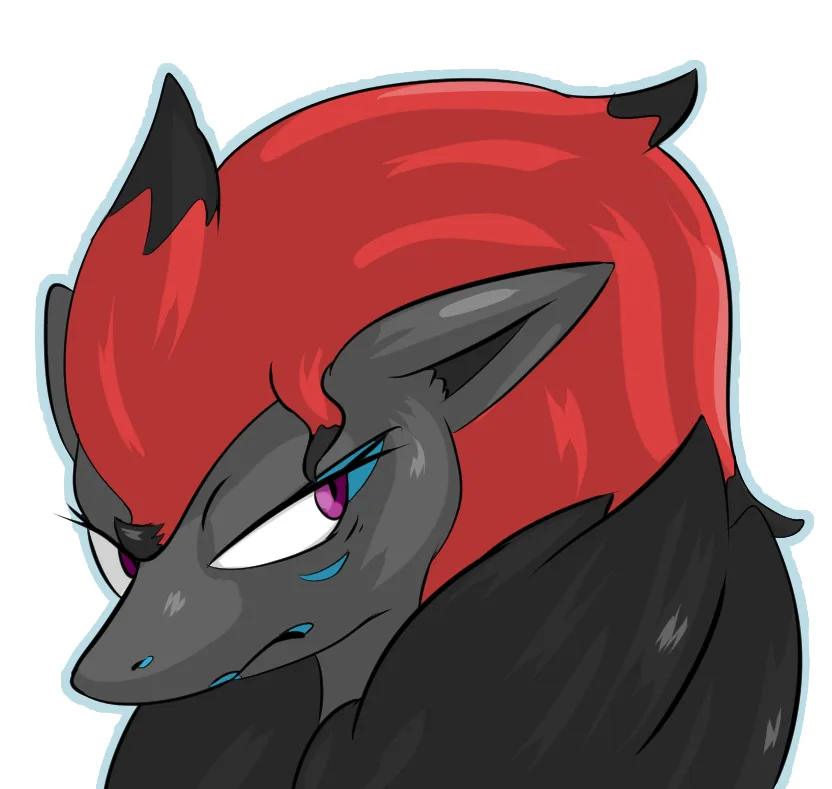 A cartoon fox-like creature with red hair and black fur has a tear rolling down its cheek while glaring intensely at the…