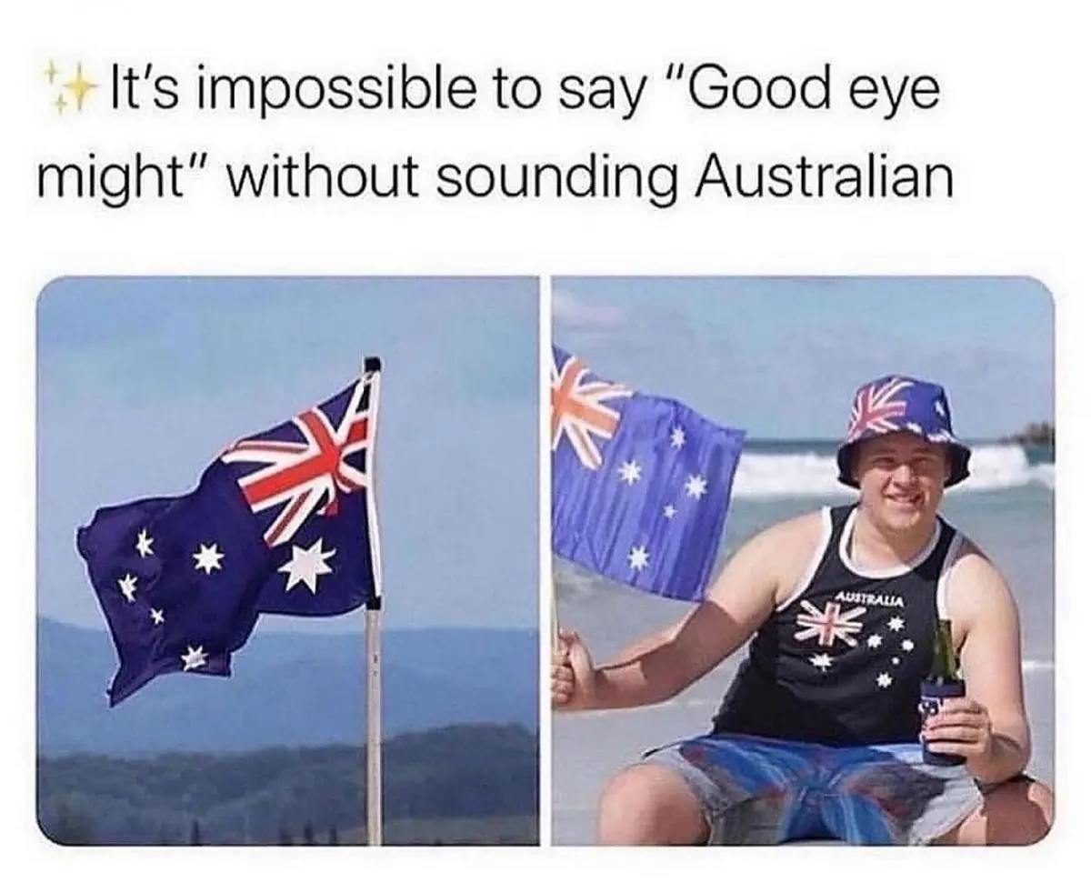 The image is split into two panels: the left shows an Australian flag waving on a pole against a blue sky and distant hills…