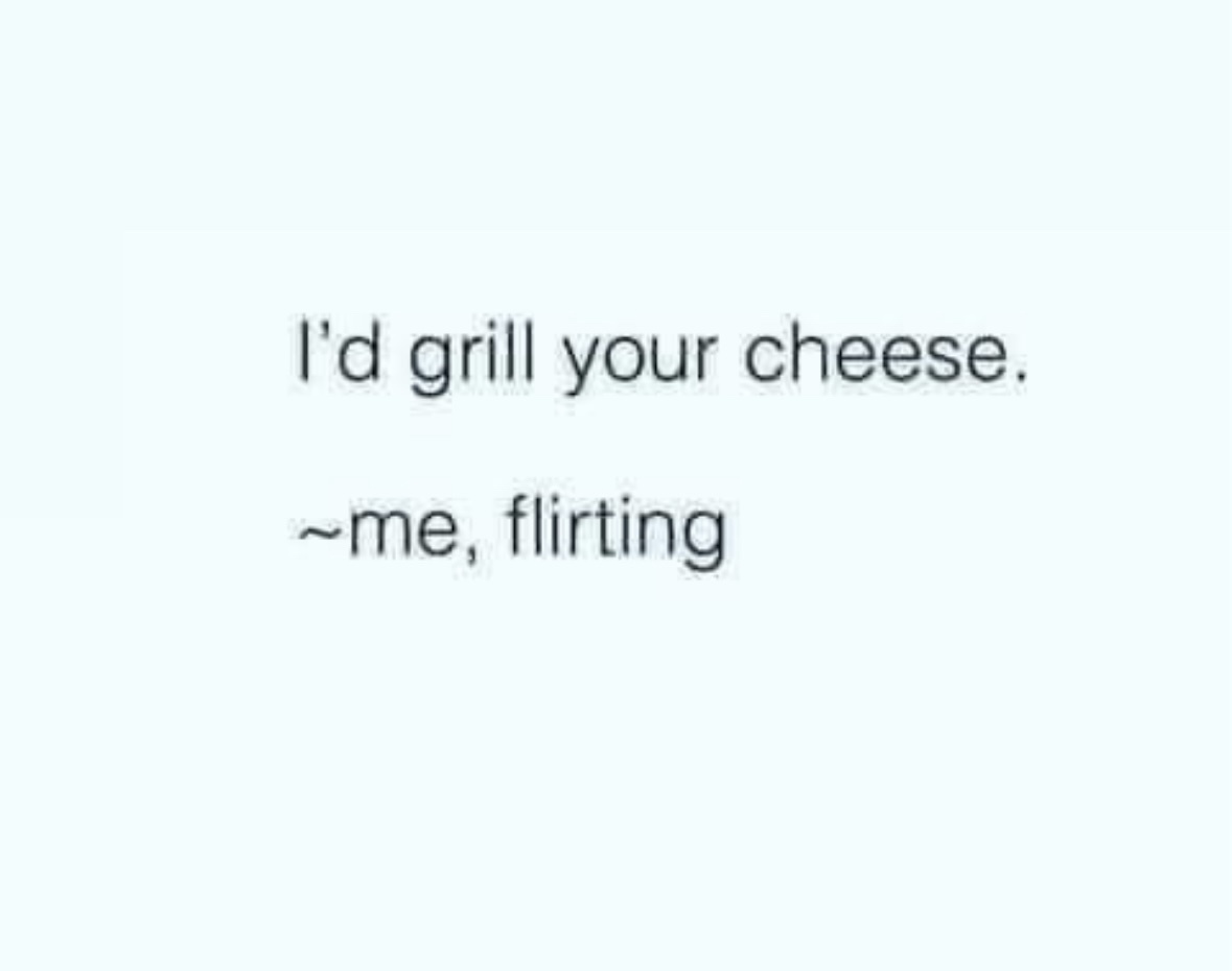 The image displays plain black text on a light gray background. The text reads 'I'd grill your cheese.' followed by '~me…