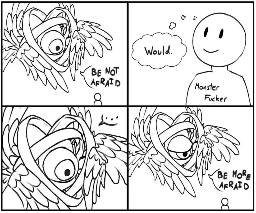 A four-panel comic strip shows a winged, one-eyed monster with a bandage over its mouth. In the first panel, it says 'BE NOT…