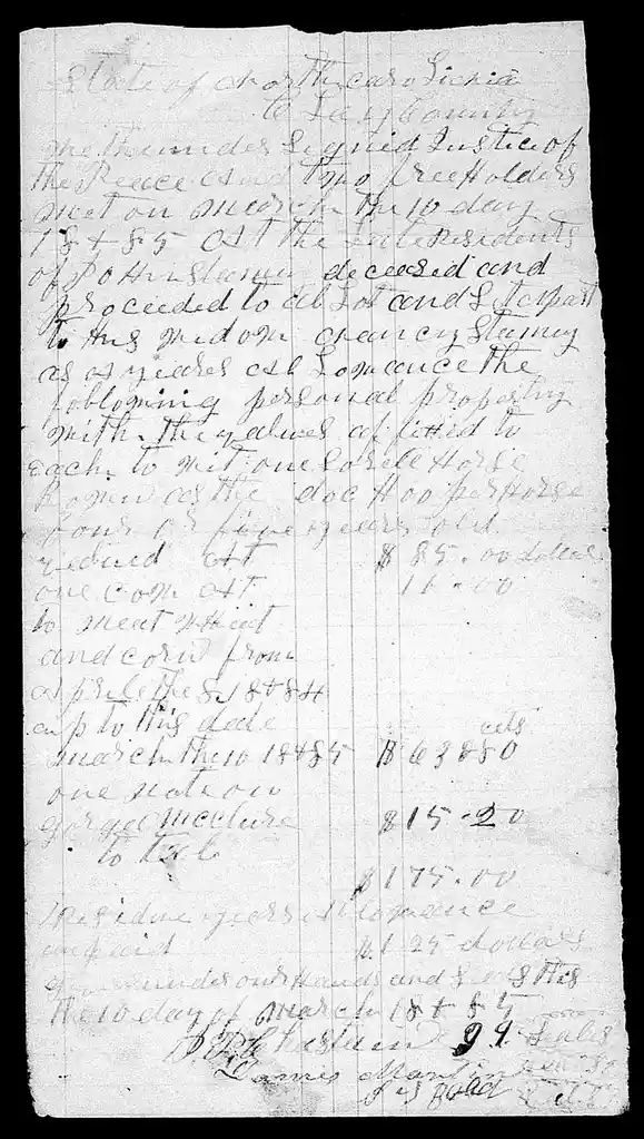 An old, handwritten legal document from North Carolina dated March 10, 1845, detailing the estate of a deceased person. It…