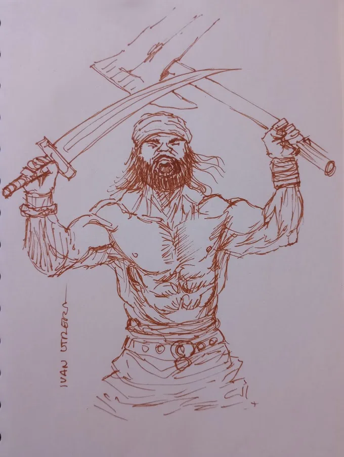 A red ink sketch on paper depicts a muscular, bearded man with a headband, holding a sword in one hand and a scimitar in the…