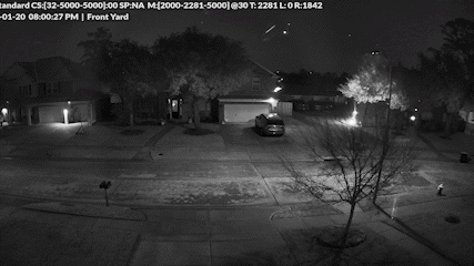 A six-panel security camera time-lapse shows a suburban neighborhood at night transitioning to morning, with the final panel…