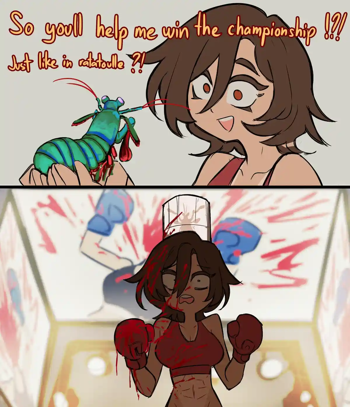 The top panel shows a cartoon woman holding a green lobster, asking if someone will help her win a championship like in…