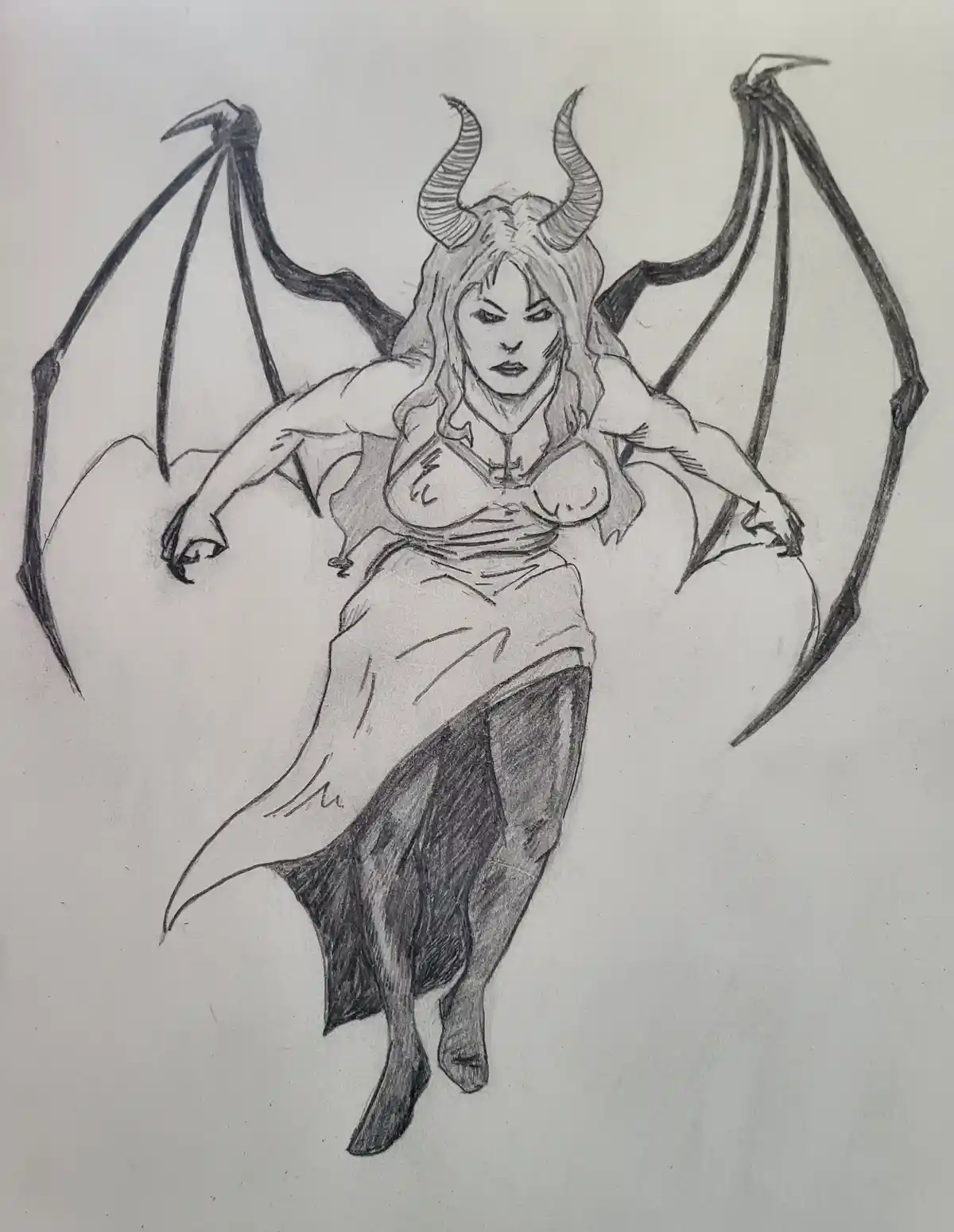 A pencil sketch depicts a female demon with large bat-like wings, two curved horns, and a stern expression, wearing a…