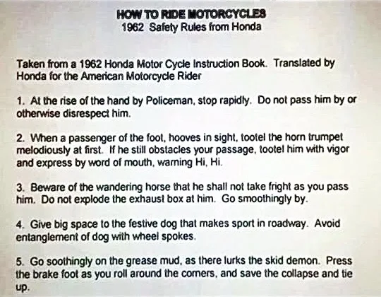A scanned page from a 1962 Honda motorcycle instruction manual, humorously titled 'HOW TO RIDE MOTORCYCLES', lists five…