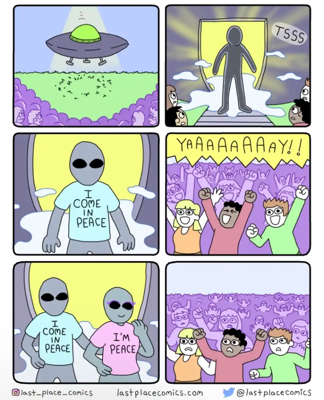 A six-panel comic strip shows a UFO landing, then an alien in a 'I COME IN PEACE' t-shirt emerging from a portal, causing…