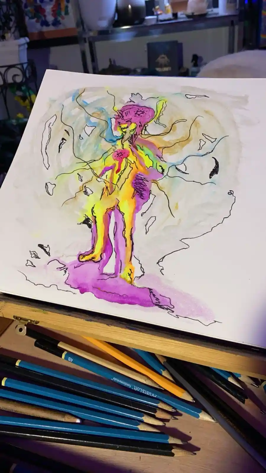 A colorful, abstract watercolor drawing of a stylized humanoid figure with a pink head and yellow body, standing on a purple…