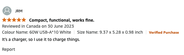 A screenshot of a product review showing five gold stars, the reviewer's name JRM, and the text 'Compact, functional, works…