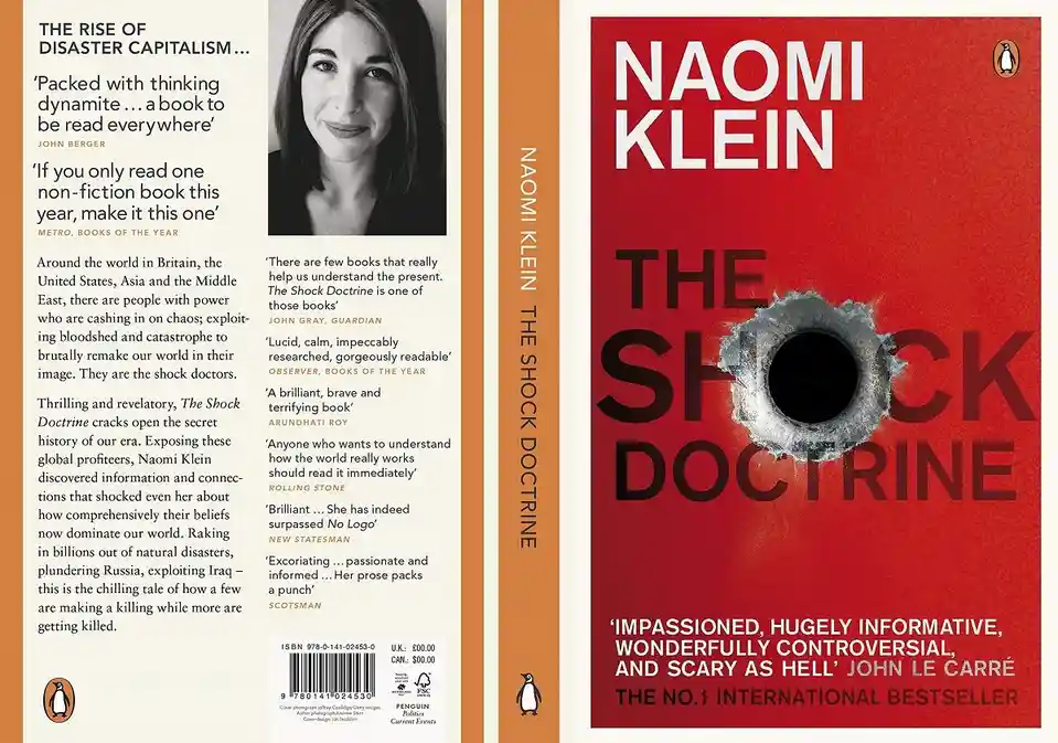 The image displays the front and back cover of Naomi Klein's book 'The Shock Doctrine'. The front cover is red with the…